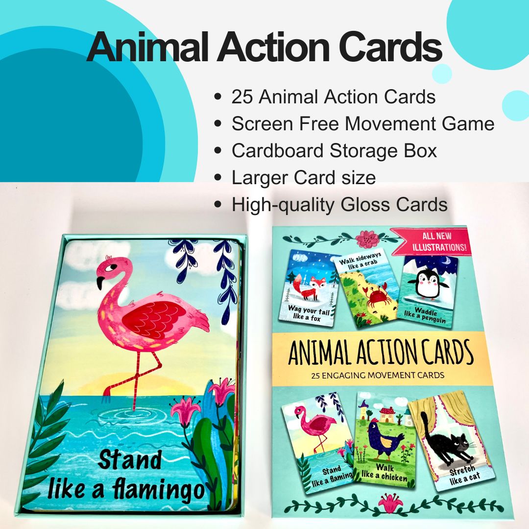 animal action cards box and cards. movement game for kids
